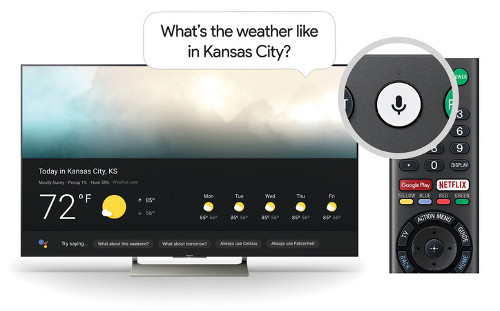 The Google Assistant on Sony TV works just by pushing the microphone button on the remote and using your voice to ask a question or say a command