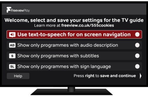 Accessible TV Guide welcome screen - Freeview Play