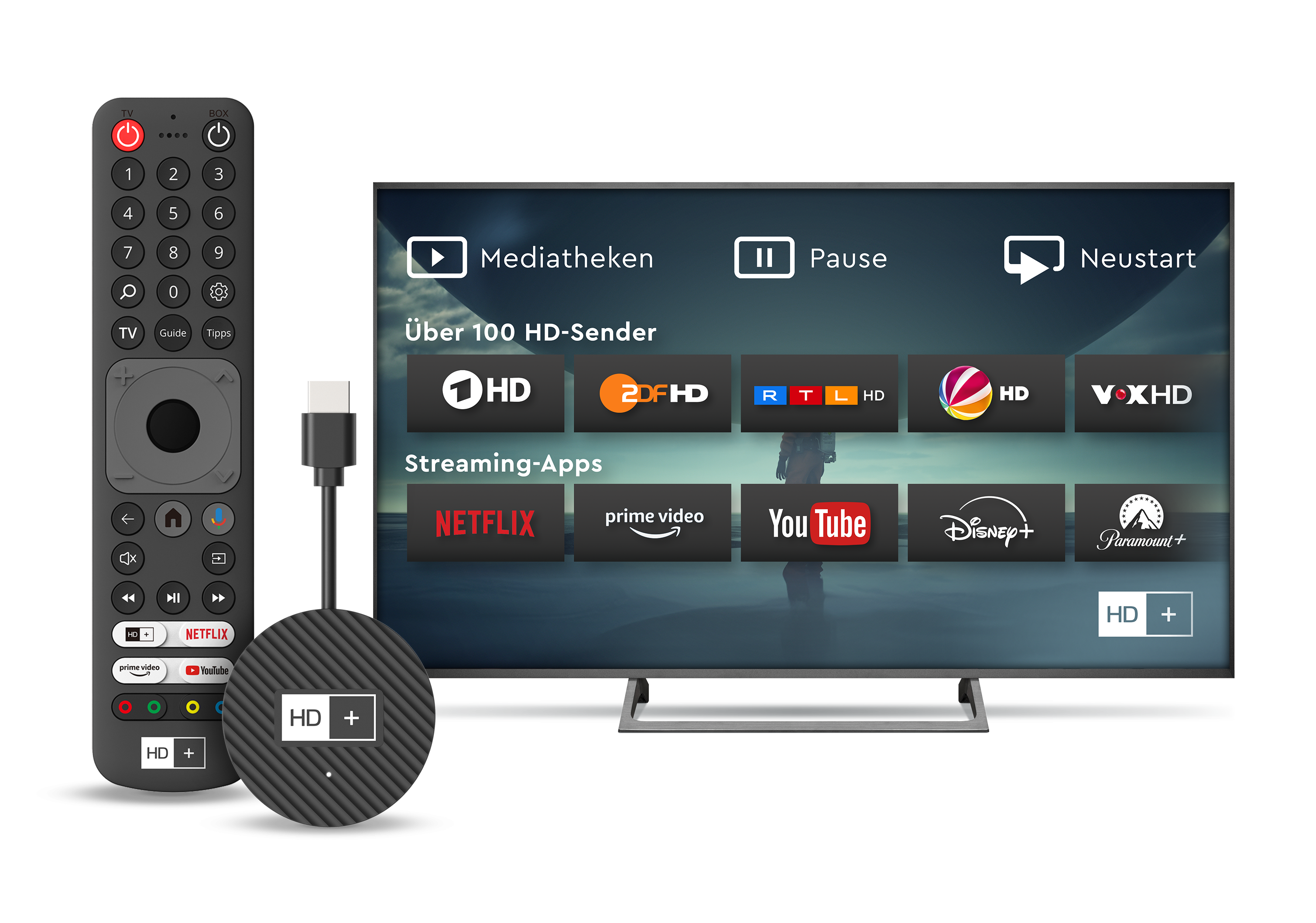 HD+ IP TV Stick and remote next to TV showing HD+ screen image