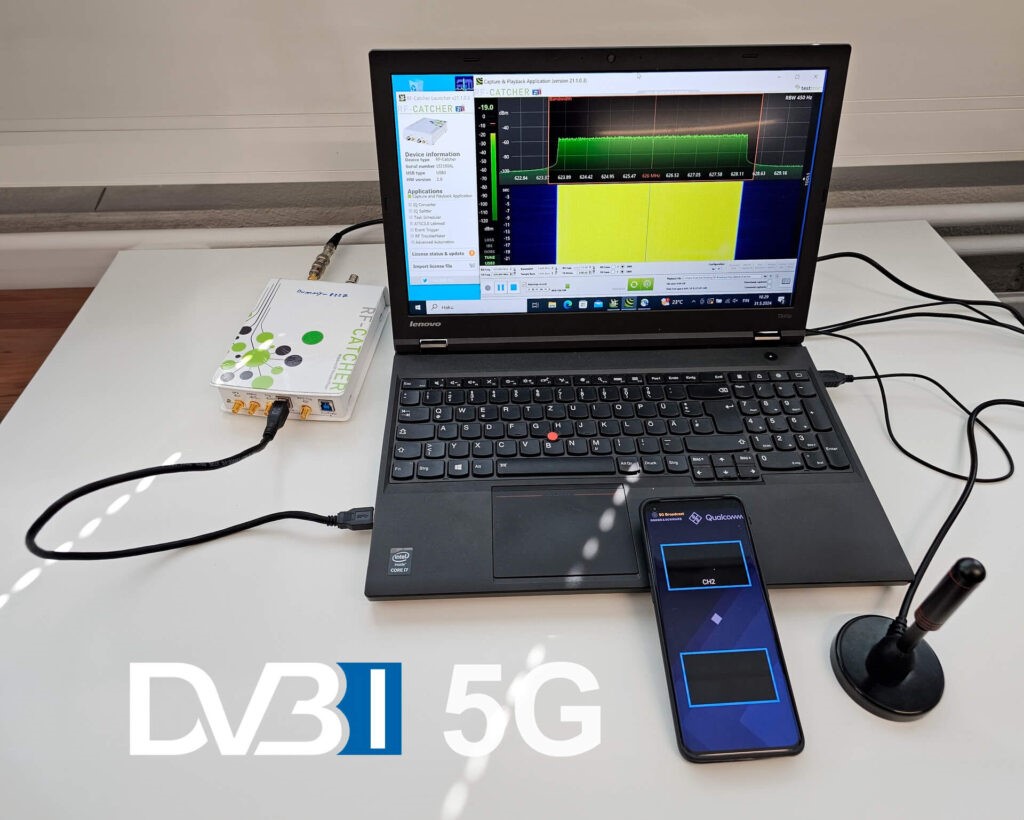 Mobile phone with laptop showing DVB-I 5G analytics