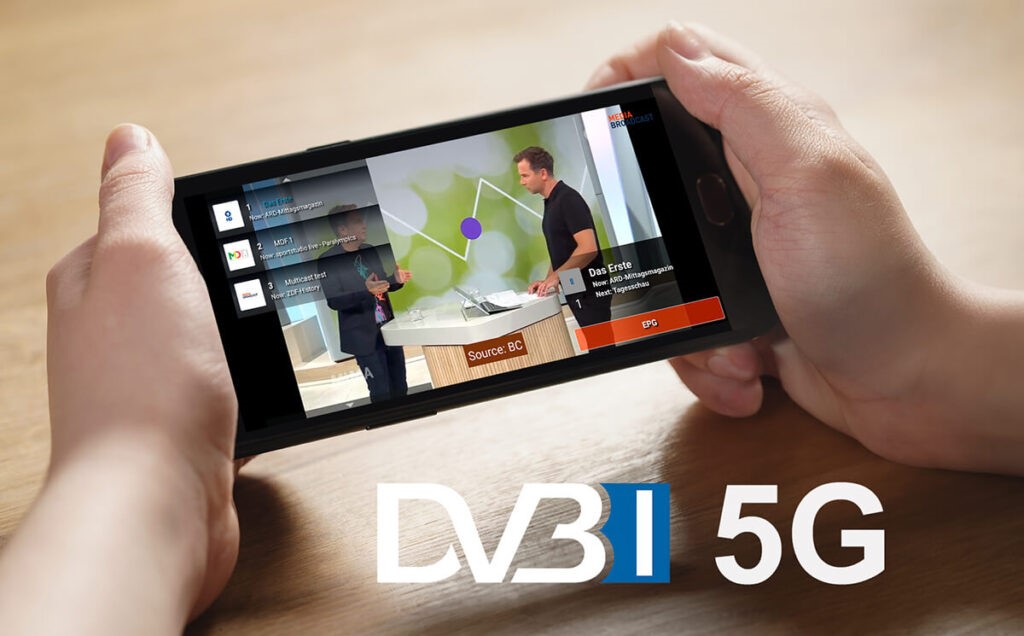 User holding mobile phone showing Media Broadcast DVB-I app